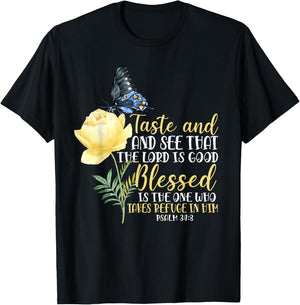 Christian Bible Verse Quote Butterfly Rose Flower Psalm 34:8 T-Shirt - T-Shirt | Black