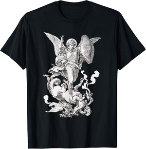 Archangel Saint Michael Fighting the Dragon Catholic T-Shirt - T-Shirt | Black