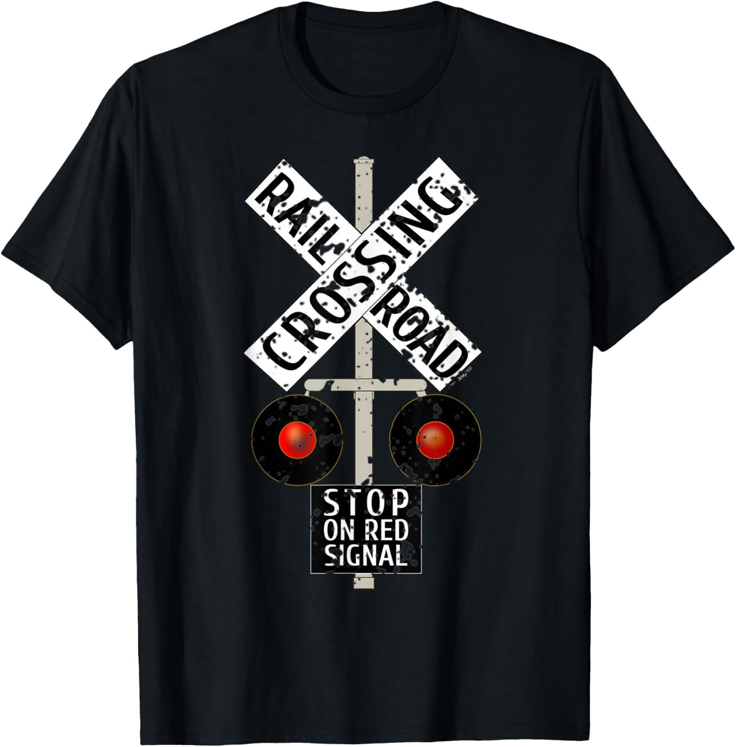 Funny Train Railroad Crossing with Lights Road Sign T-Shirt - T-Shirt | Black