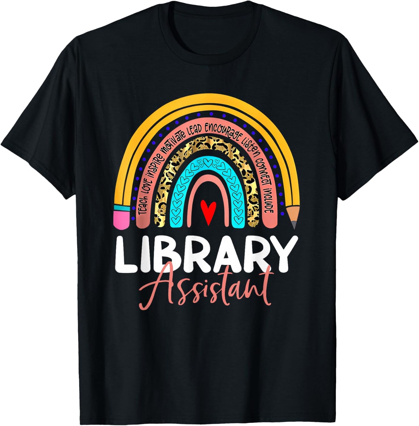 Library Assistant Leopard Rainbow Back To School Librarian T-Shirt - T-Shirt | Black