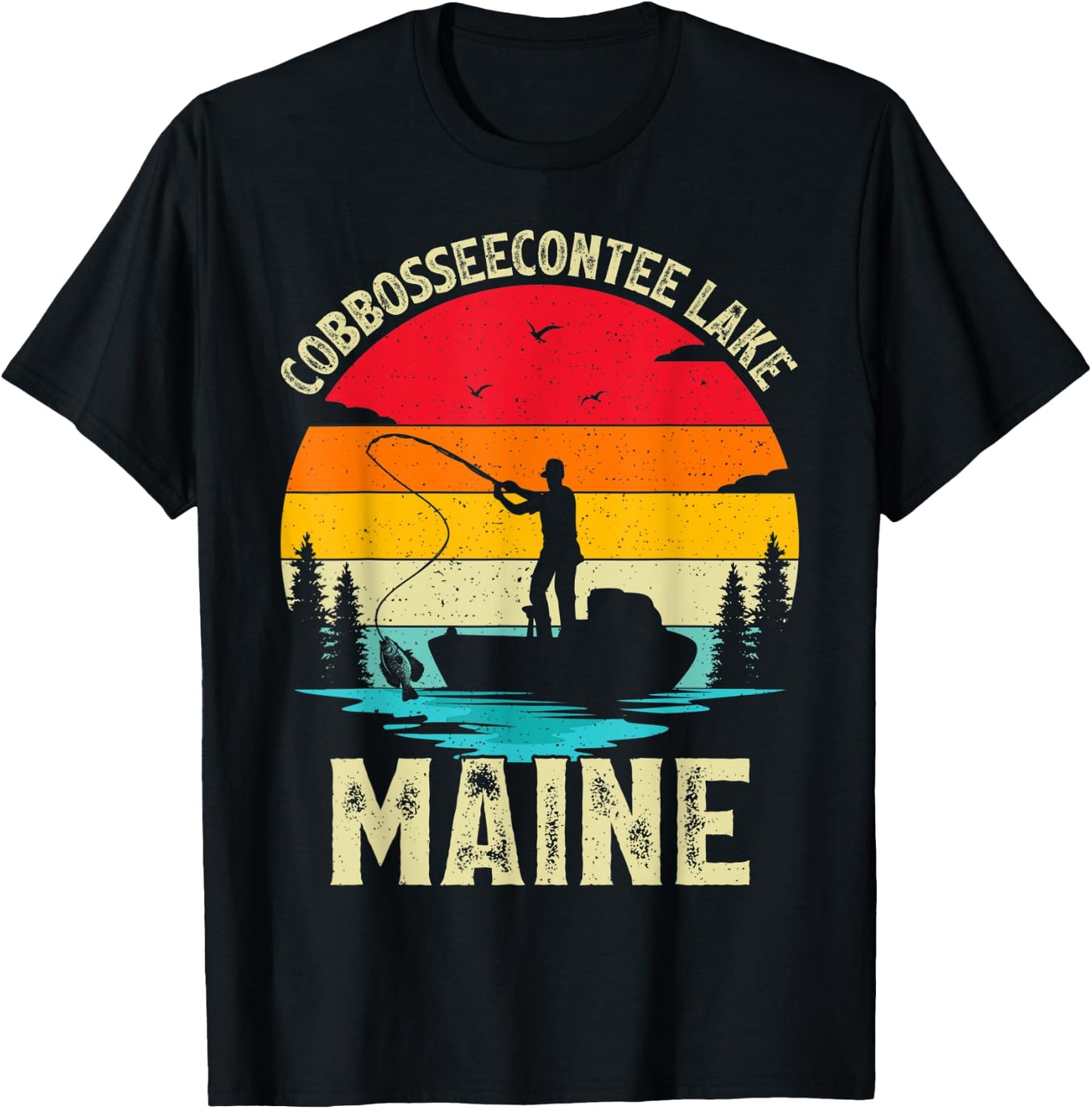 Summer Vacation Fishing Vintage Maine Cobbosseecontee Lake Men Women Kids T-Shirt - T-Shirt | Black