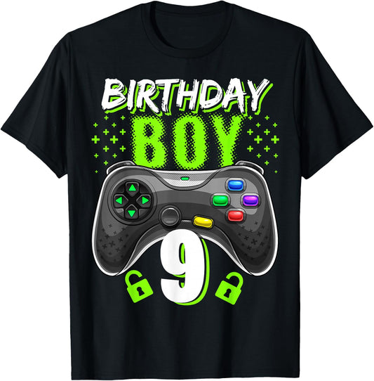 Birthday Boy 9 Video Game Controller Gamer 9th Birthday Gift T-Shirt - T-Shirt | Black