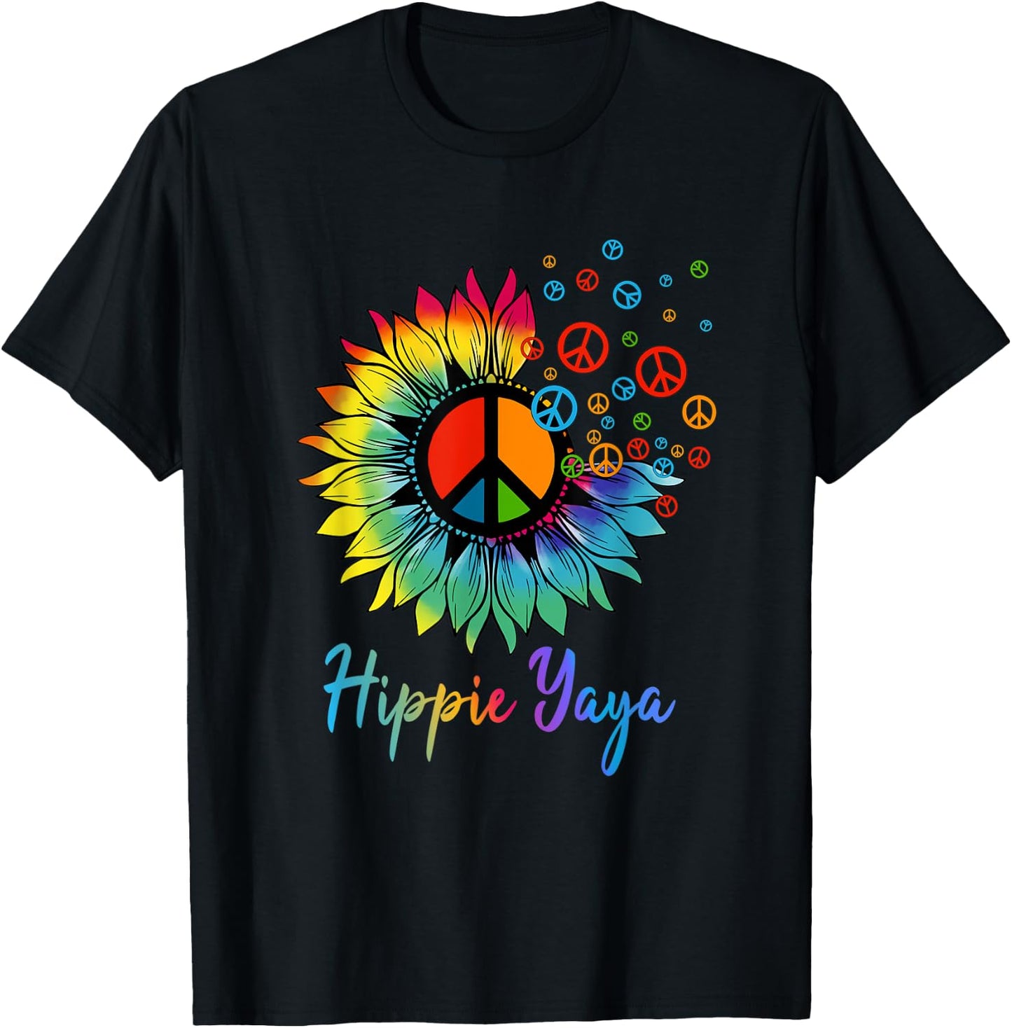 Women Hippie Yaya - Colorful Sunflower Peace Sign T-Shirt - T-Shirt | Black