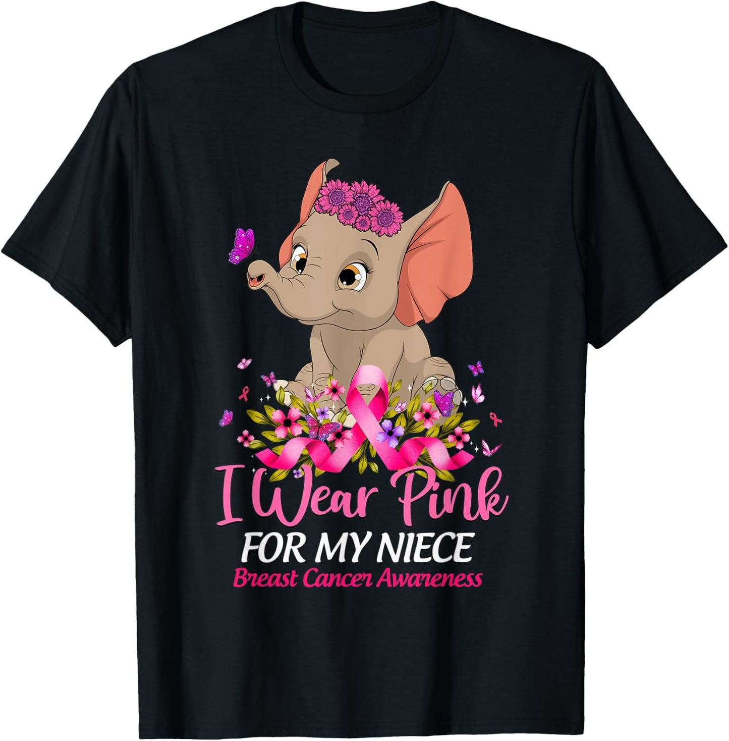 Breast Cancer Awareness Elephant I Wear Pink For My Niece T-Shirt - T-Shirt | Black