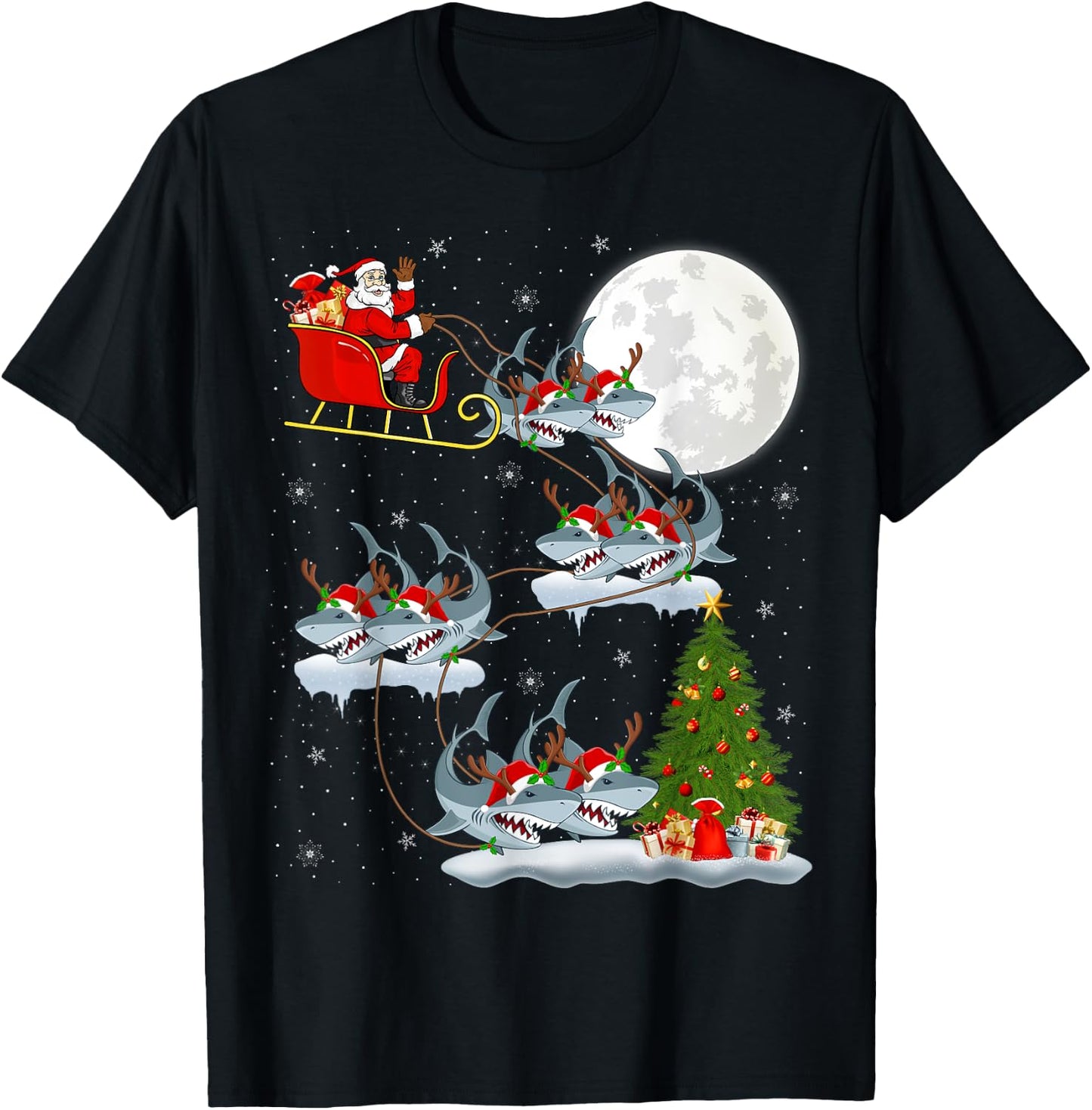 Xmas Lighting Tree Santa Riding Great White Shark Christmas T-Shirt - T-Shirt | Black