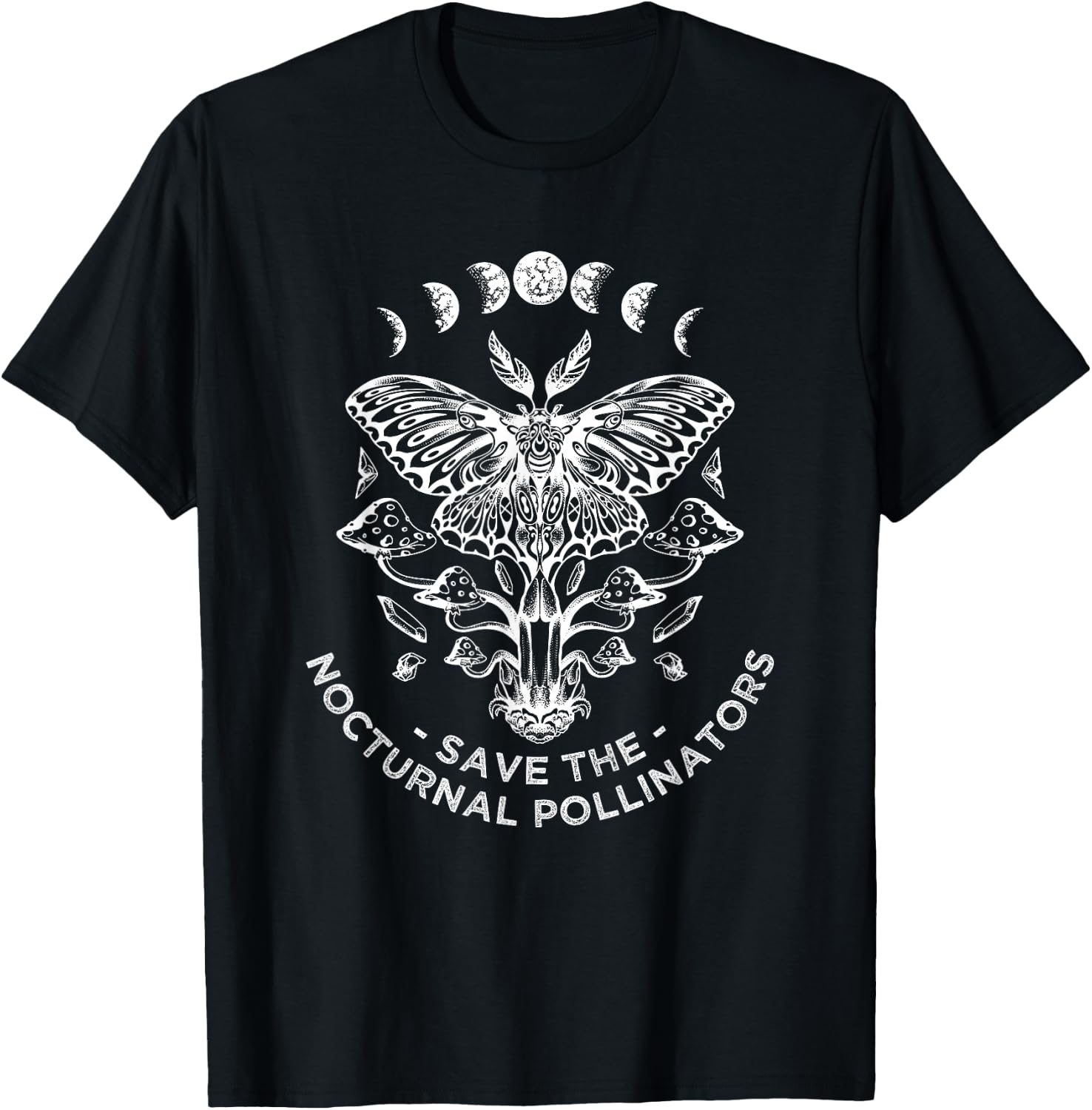 Save The Nocturnal Pollinators Moon Phase Ecology Moth Wings T-Shirt - T-Shirt | Black