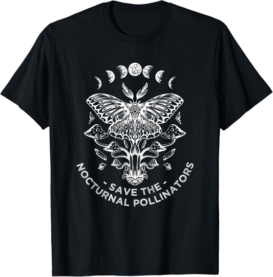 Save The Nocturnal Pollinators Moon Phase Ecology Moth Wings T-Shirt - T-Shirt | Black