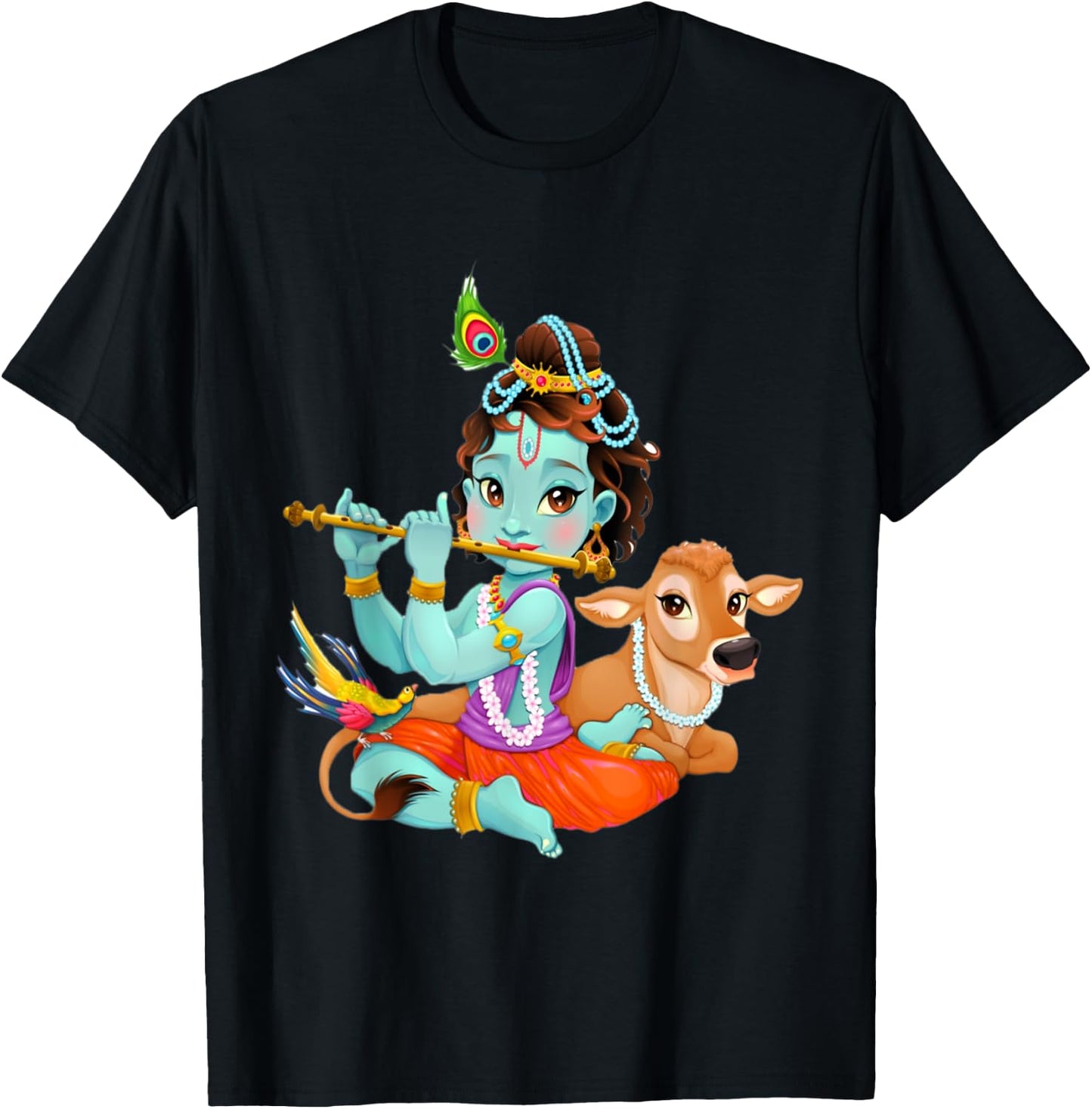 Hindu god Lord Shri Krishna with a Cow and a Bird T-Shirt - T-Shirt | Black