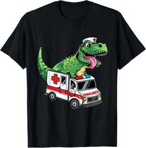 EMT Dinosaur Paramedic Funny Dino T-Rex Riding Ambulance T-Shirt - T-Shirt | Black