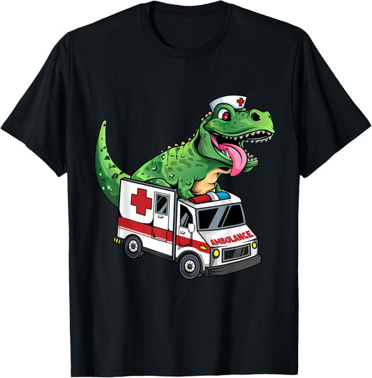 EMT Dinosaur Paramedic Funny Dino T-Rex Riding Ambulance T-Shirt - T-Shirt | Black