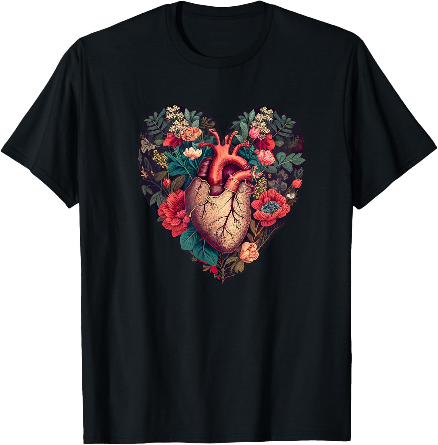 Vintage Anatomical Heart with Flowers for Dark Academia Gift T-Shirt - T-Shirt | Black