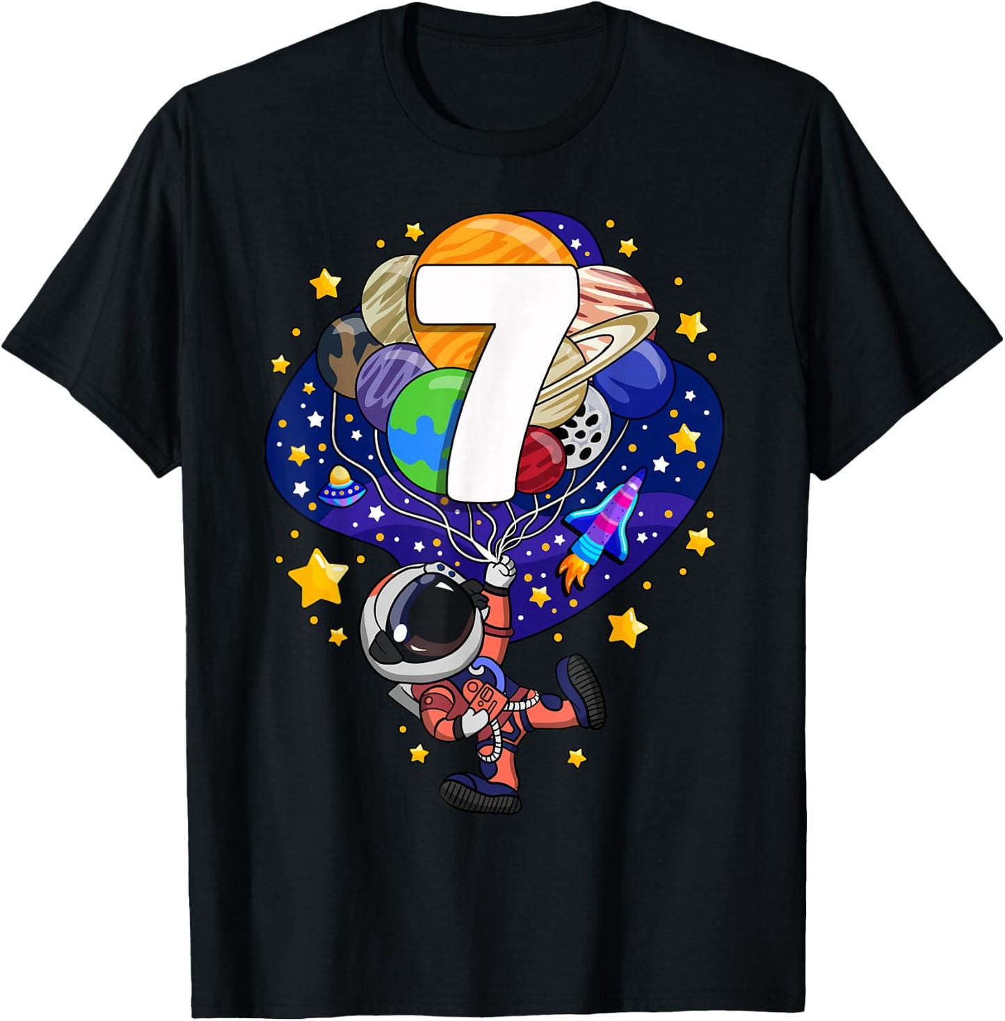Space Astronaut 7th Birthday Boy Number 7 Seven Year Old T-Shirt - T-Shirt | Black