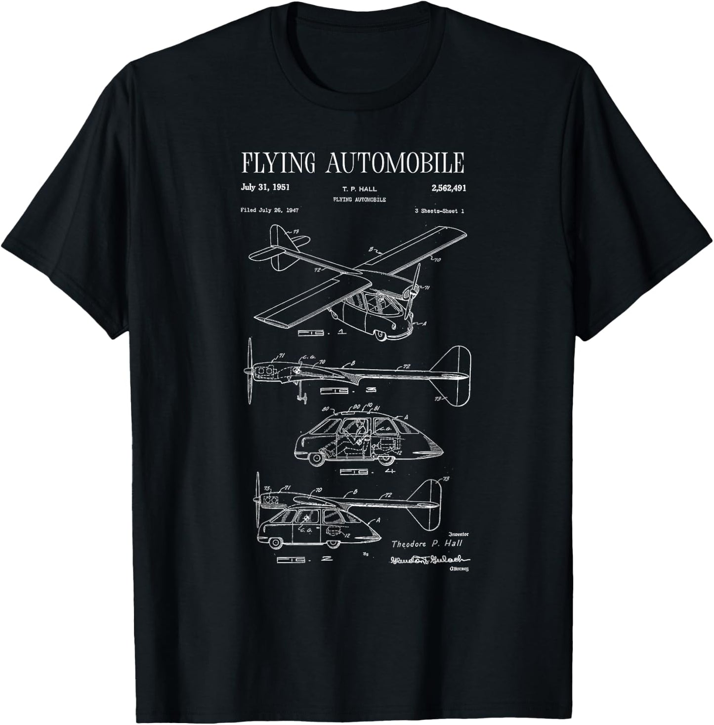 Flying Automobile Patent Drawing Retro Futuristic Flying Car T-Shirt - T-Shirt | Black