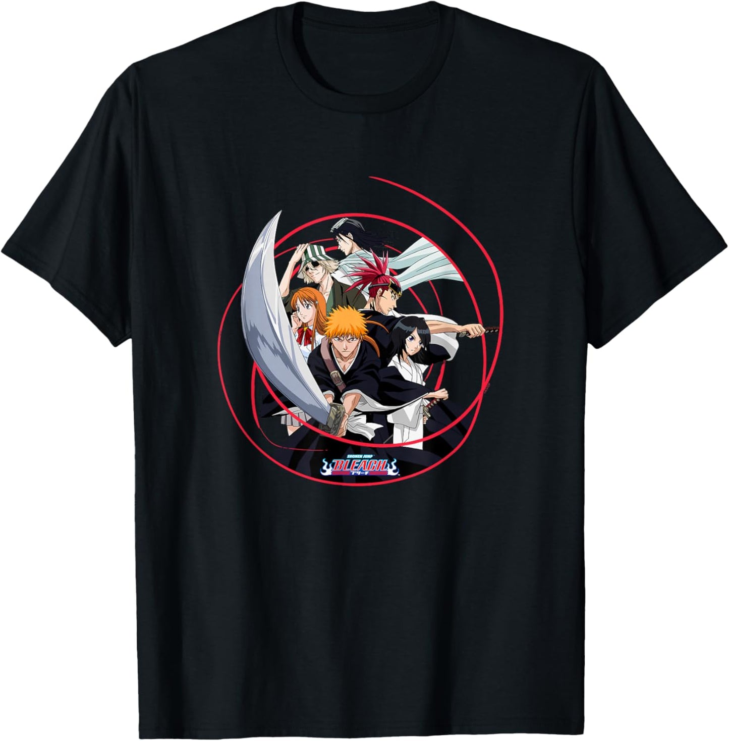 Bleach Ichigo and Cast with Sword and Swirl Anime T-Shirt - T-Shirt | Black