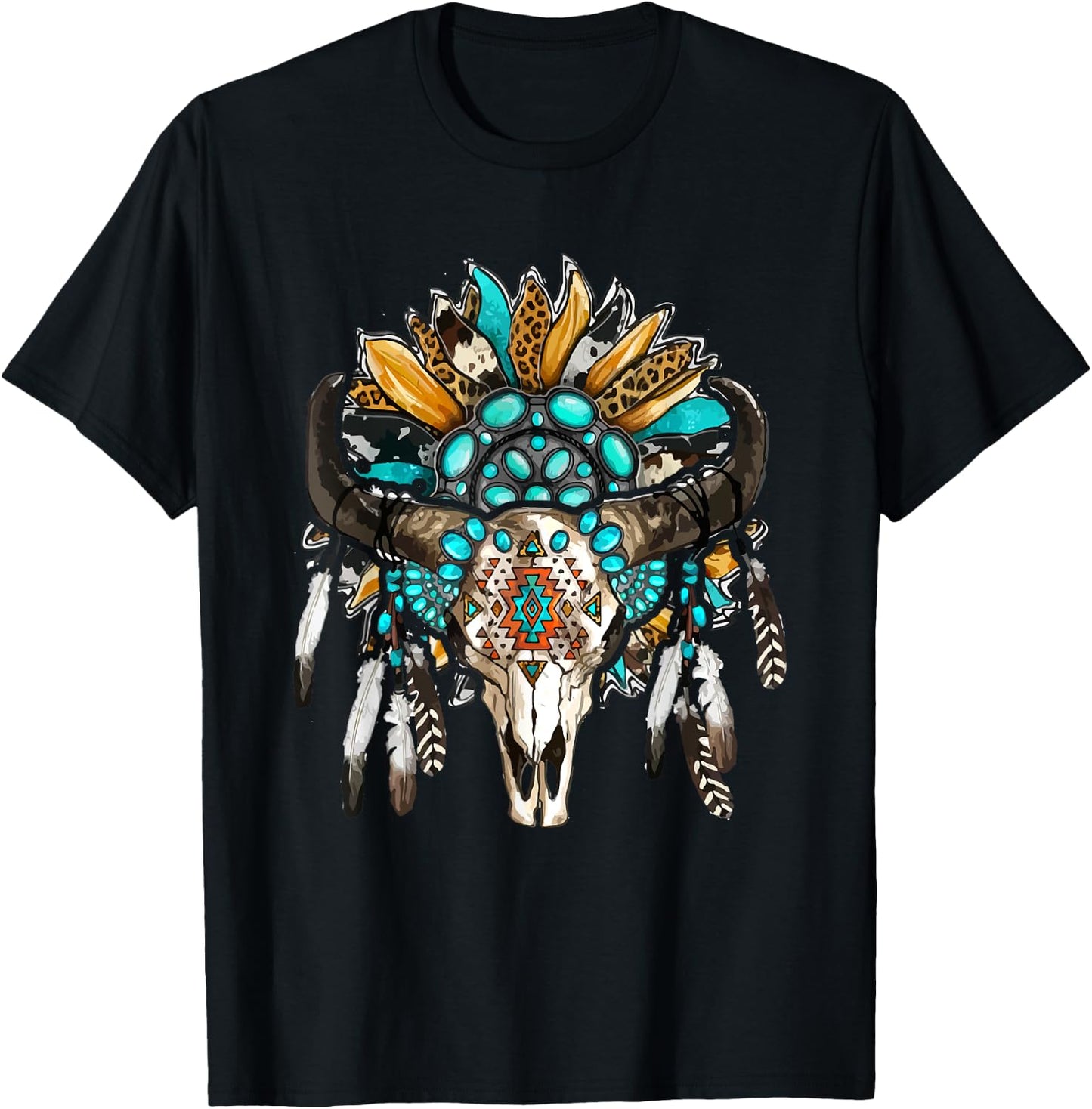 Western Boho Sunflowers Turquoise Cow Bull Skull T-Shirt - T-Shirt | Black