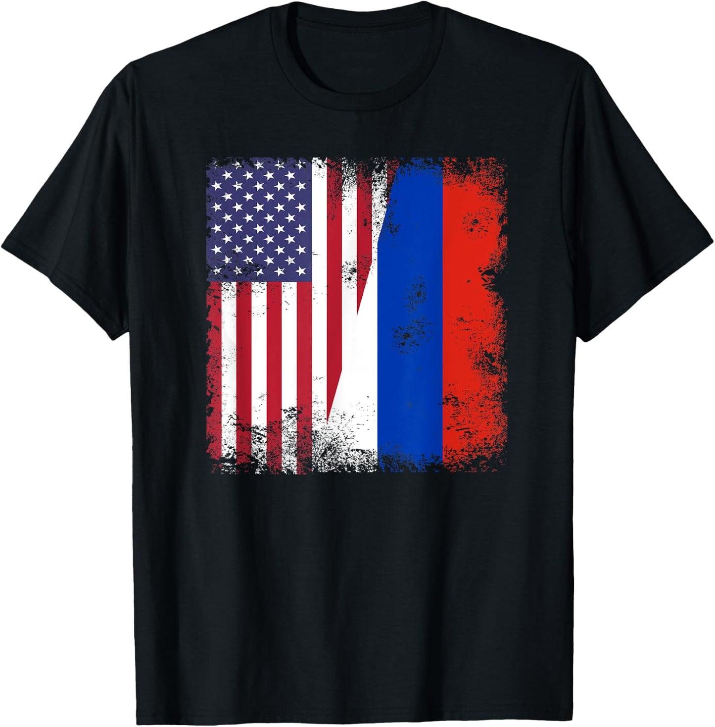 Half Russian Flag | Vintage Russia USA Gift T-Shirt - T-Shirt | Black
