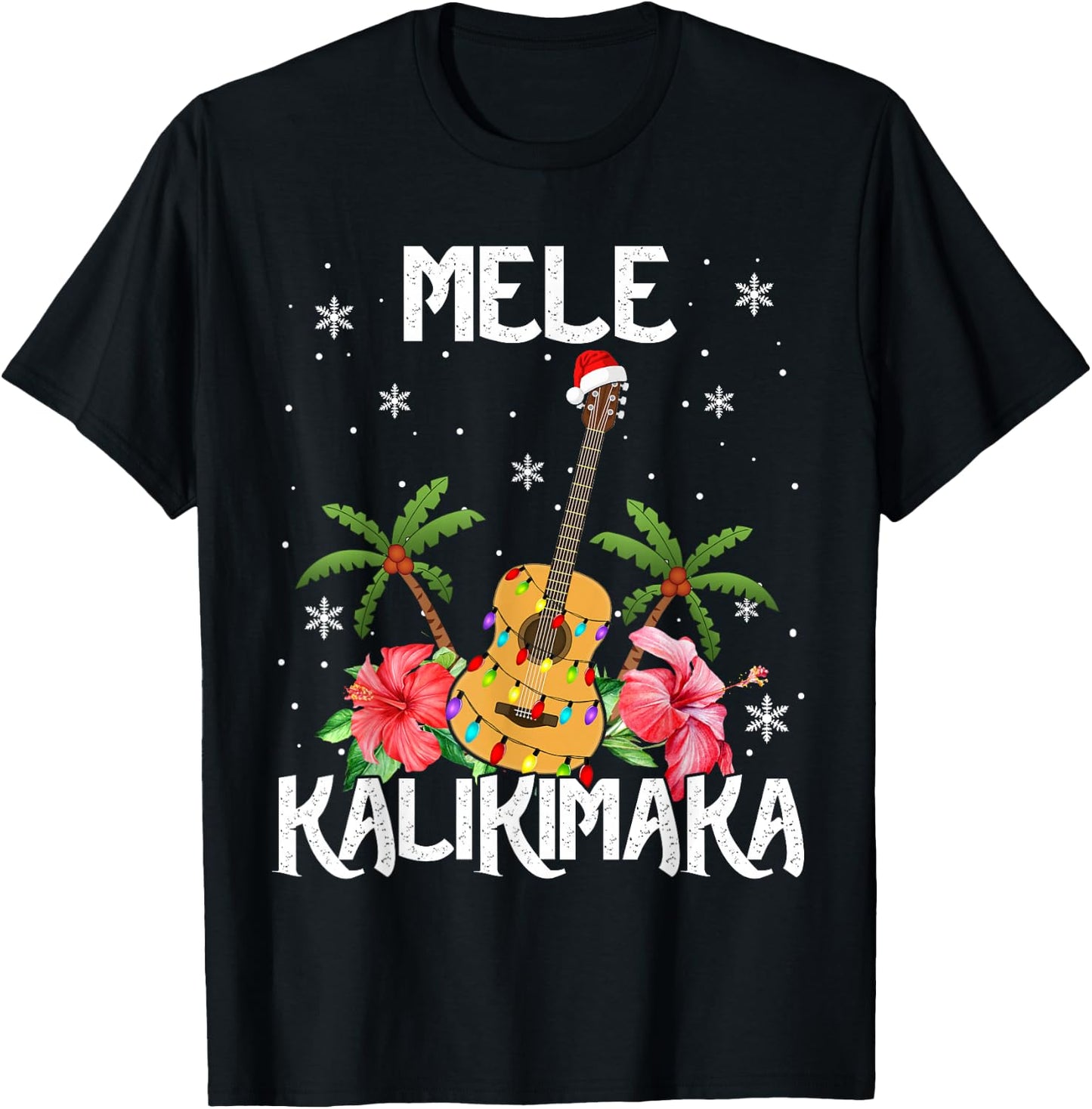 Mele Kalikimaka Merry Xmas Light Santa Hawaiian Guitar T-Shirt - T-Shirt | Black
