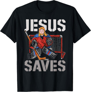 Ice Hockey Goalie Vintage Goalkeeper Jesus Jesus Saves T-Shirt - T-Shirt | Black