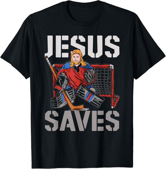 Ice Hockey Goalie Vintage Goalkeeper Jesus Jesus Saves T-Shirt - T-Shirt | Black