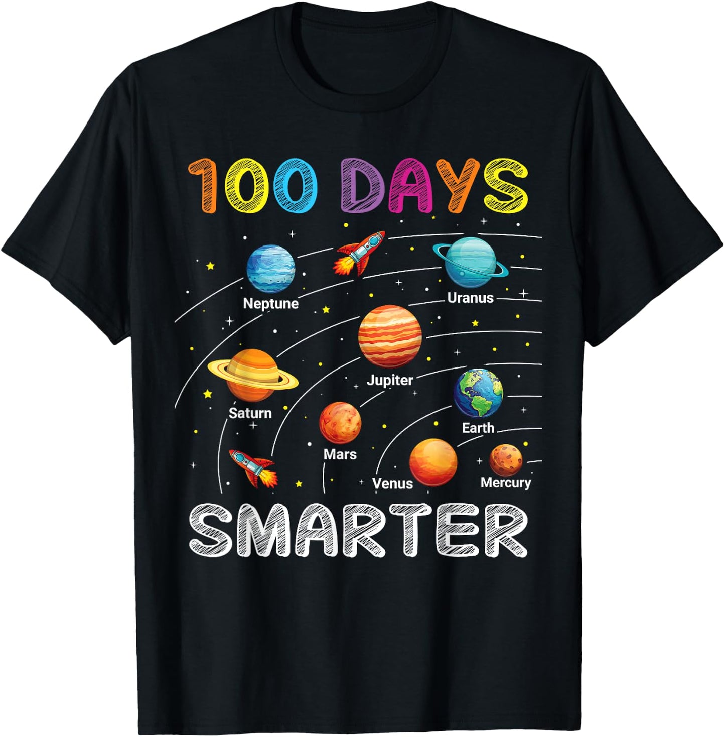 100 Days of School Astronaut Space Planets 100 Days Smarter T-Shirt - T-Shirt | Black