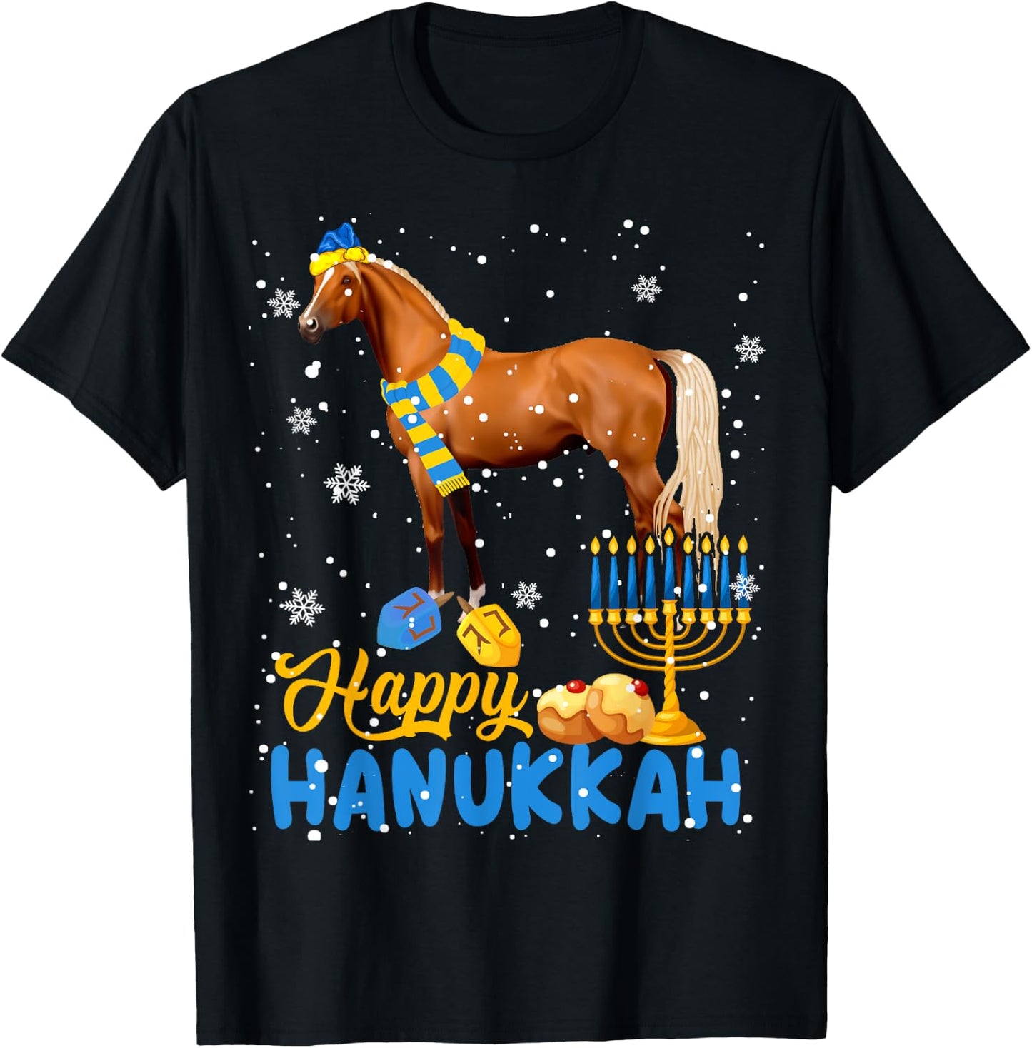 Happy Hanukkah Cute Hanukkah Horse Menorah Jewish Proud T-Shirt - T-Shirt | Black