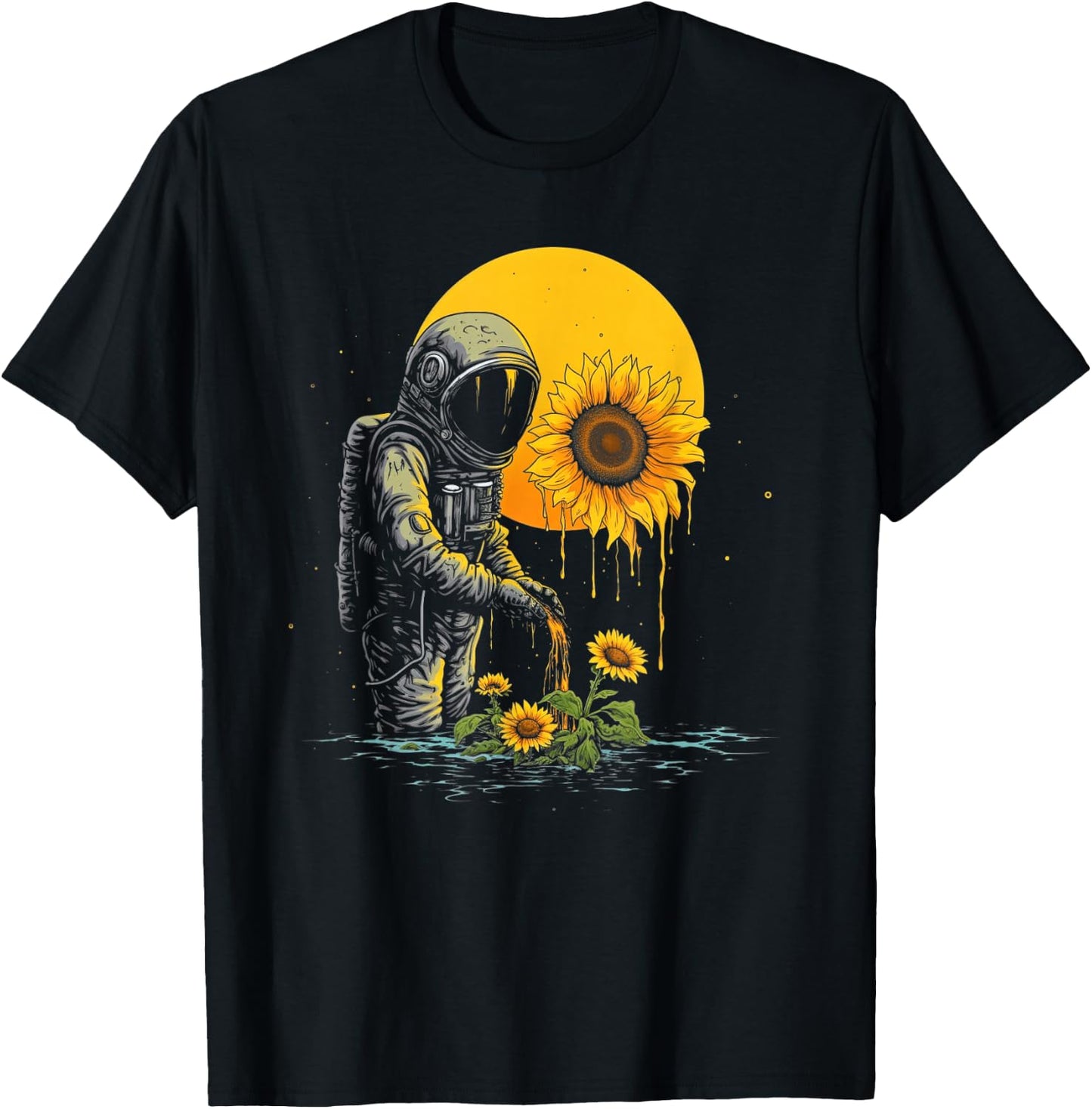 Cool Astronaut & Sunflowers | Surreal EDM Sci-Fi Space #2 T-Shirt - T-Shirt | Black