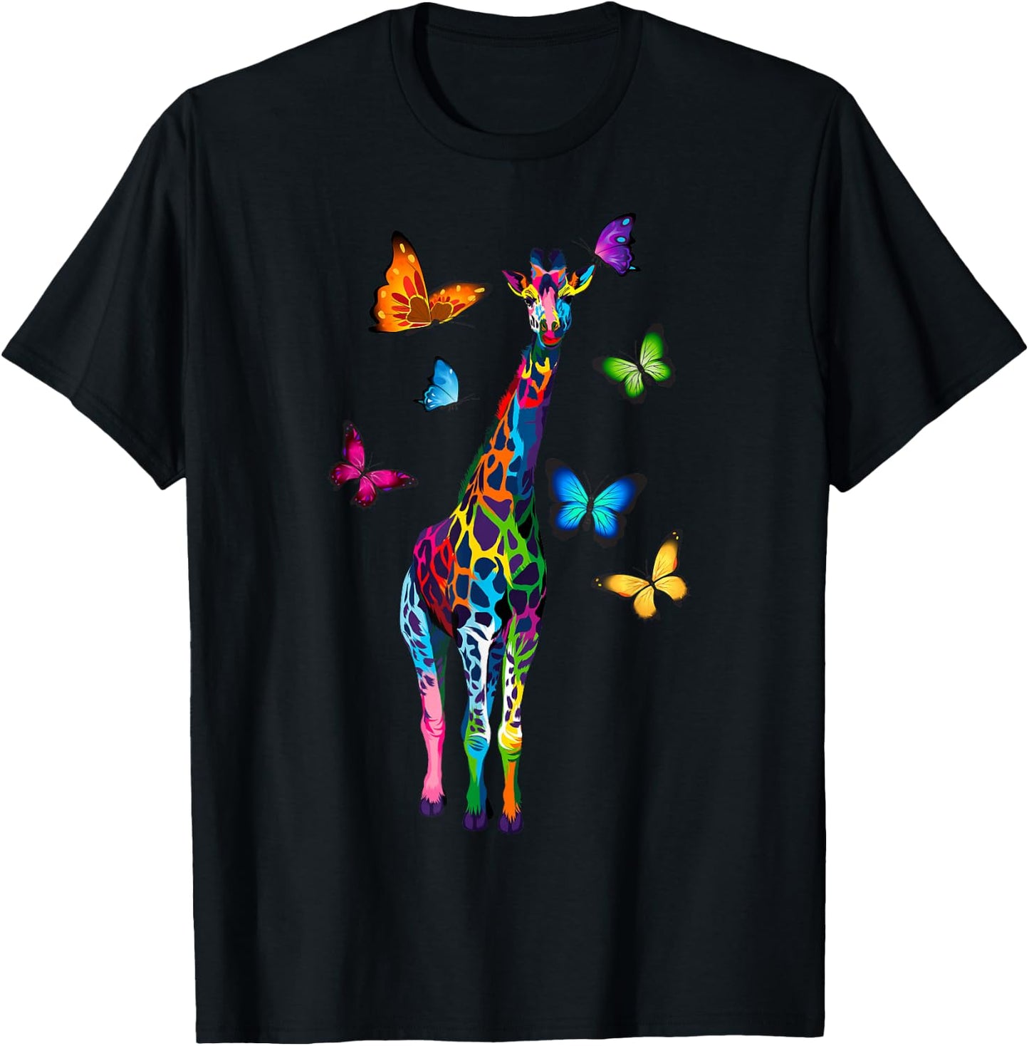 colored giraffe colorful butterflies giraffe Lovers T-Shirt - T-Shirt | Black