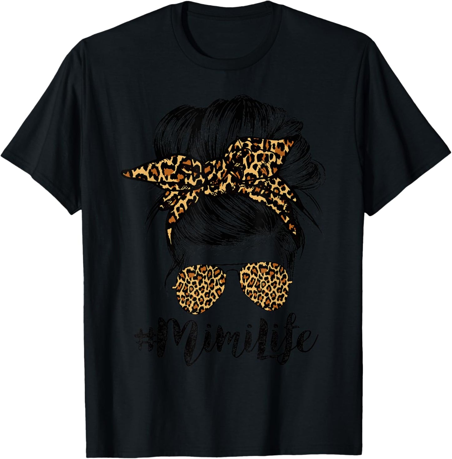 Mimi Life Hair Bandana Glasses Leopard Print Mother's Day T-Shirt - T-Shirt | Black