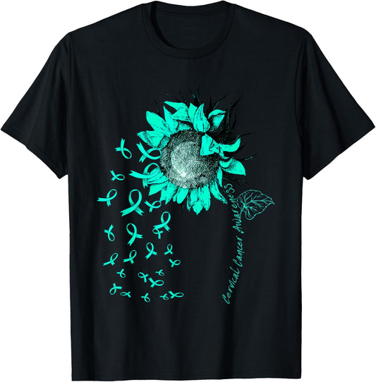CERVICAL CANCER AWARENESS Sunflower Teal Ribbon T-Shirt - T-Shirt | Black