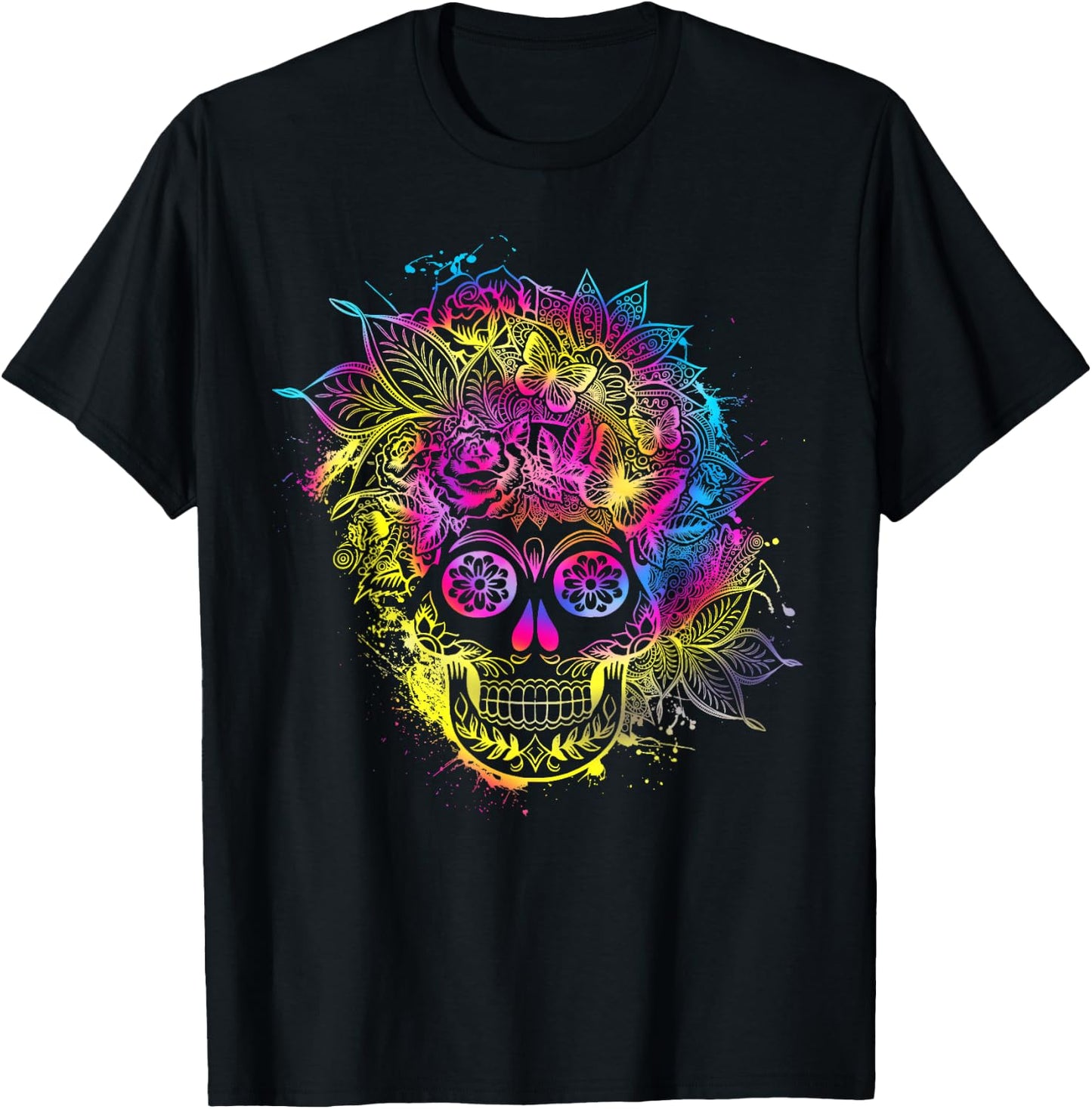 Butterflies Sugar Skull Day of the Dead Dia De Muertos T-Shirt - T-Shirt | Black