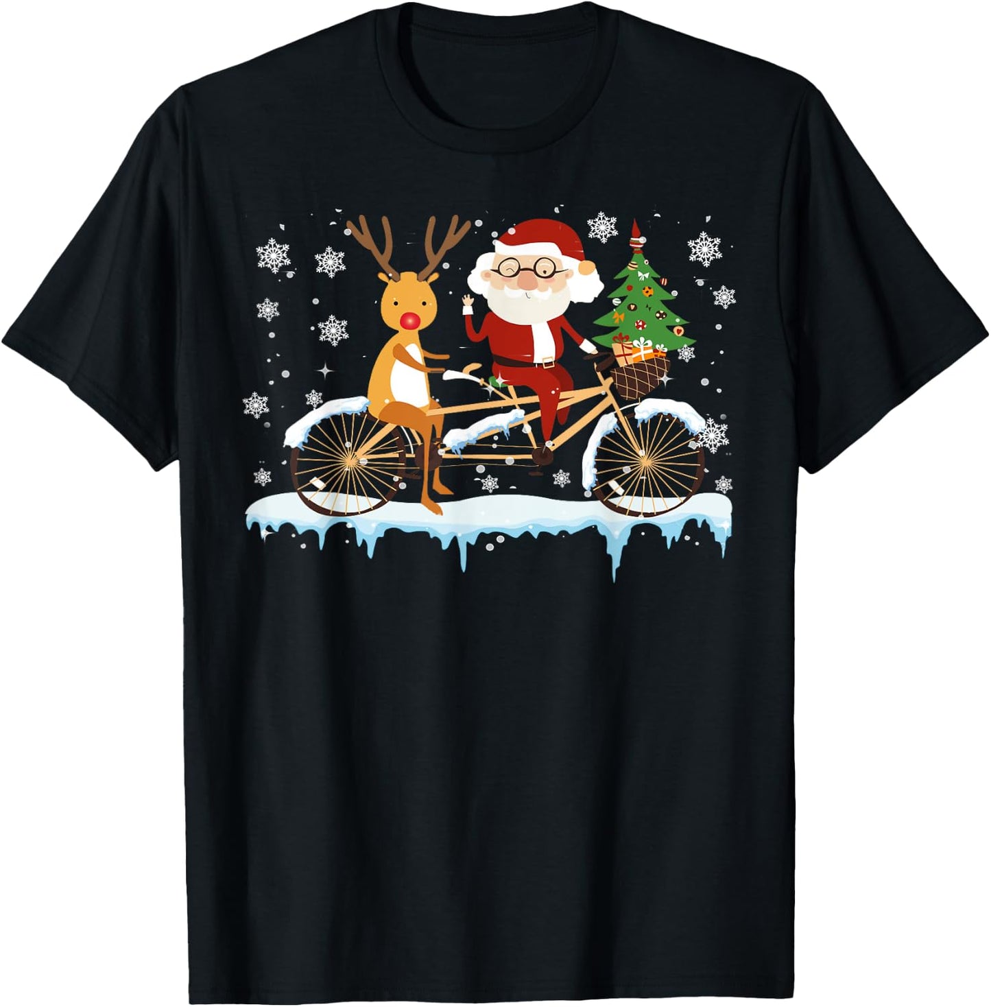 Santa And Reindeer Riding Bicycle Christmas Santa Reindeer T-Shirt - T-Shirt | Black