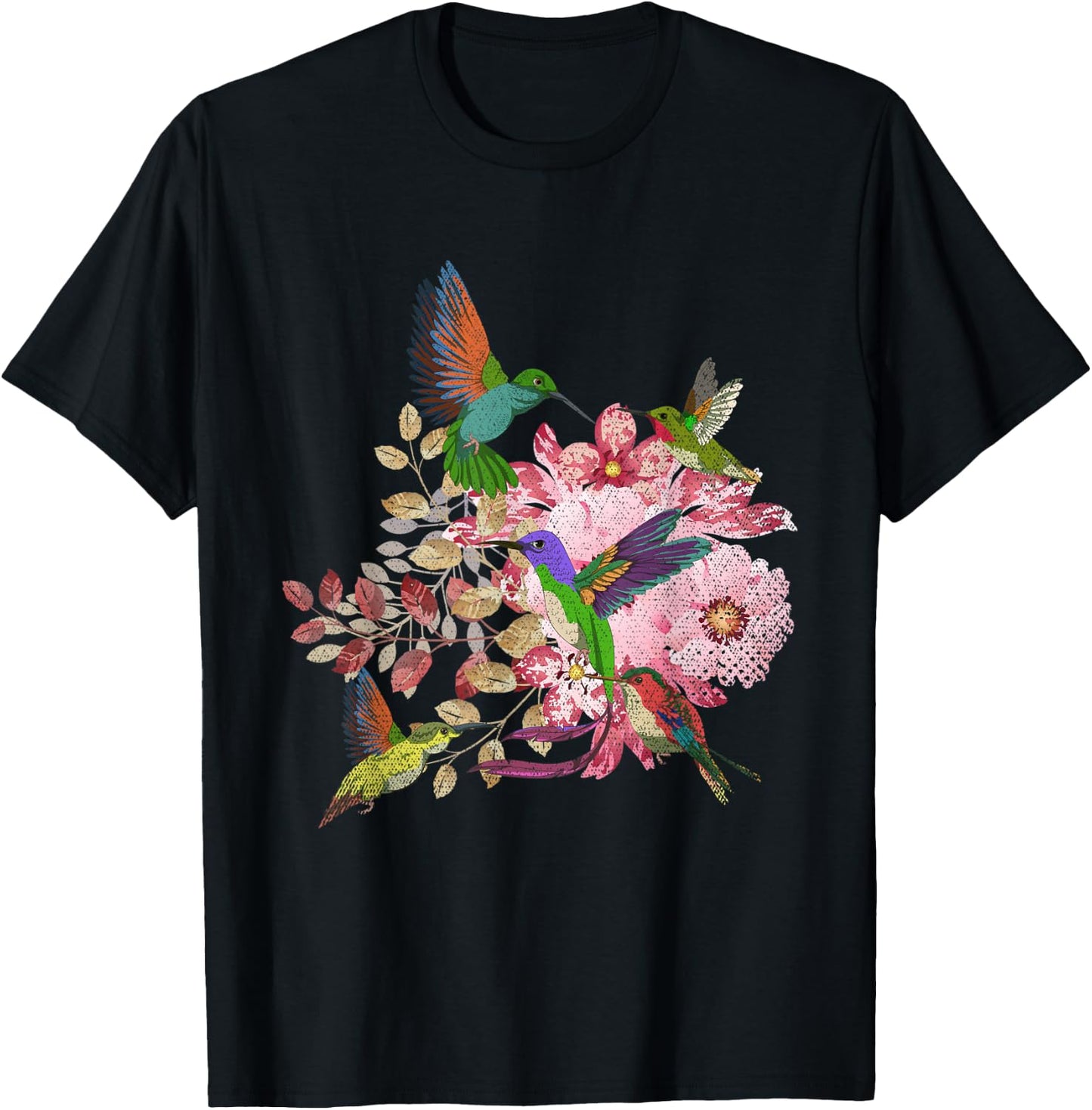 Floral Pretty Bird Flowers Animal Lover Vintage Hummingbird T-Shirt - T-Shirt | Black