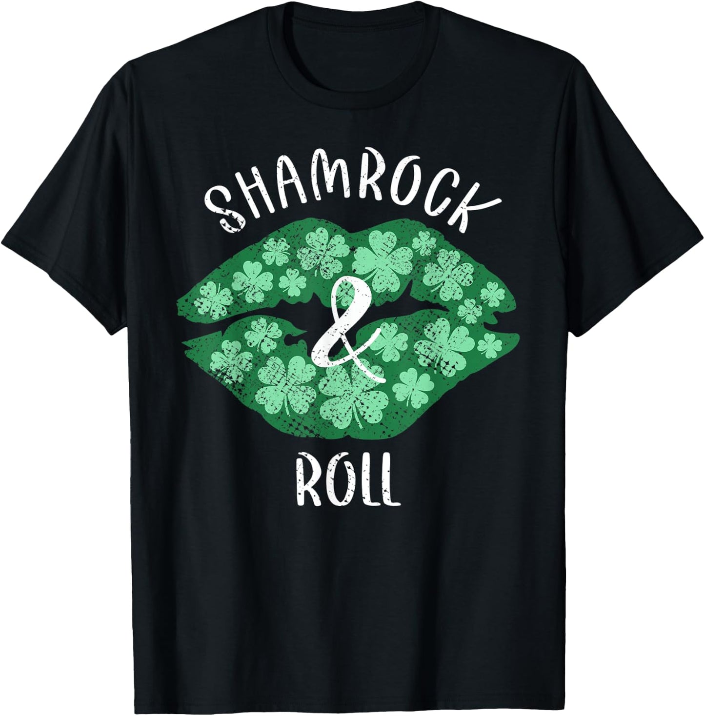 Shamrock & Roll Green Lips St Patrick's Day Vintage T-Shirt - T-Shirt | Black