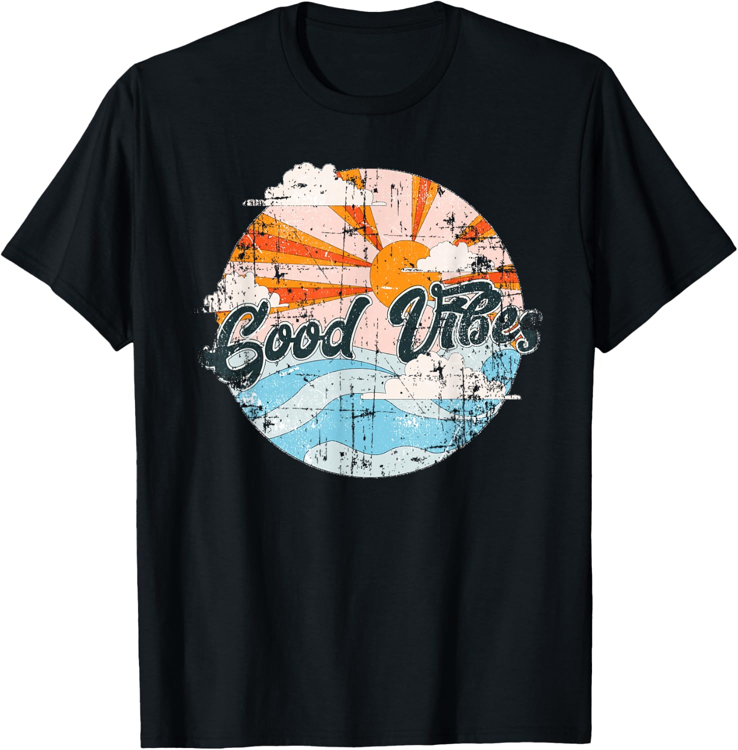 Vintage Retro Good Vibes Waves & Sunset Men Women Gift T-Shirt - T-Shirt | Black