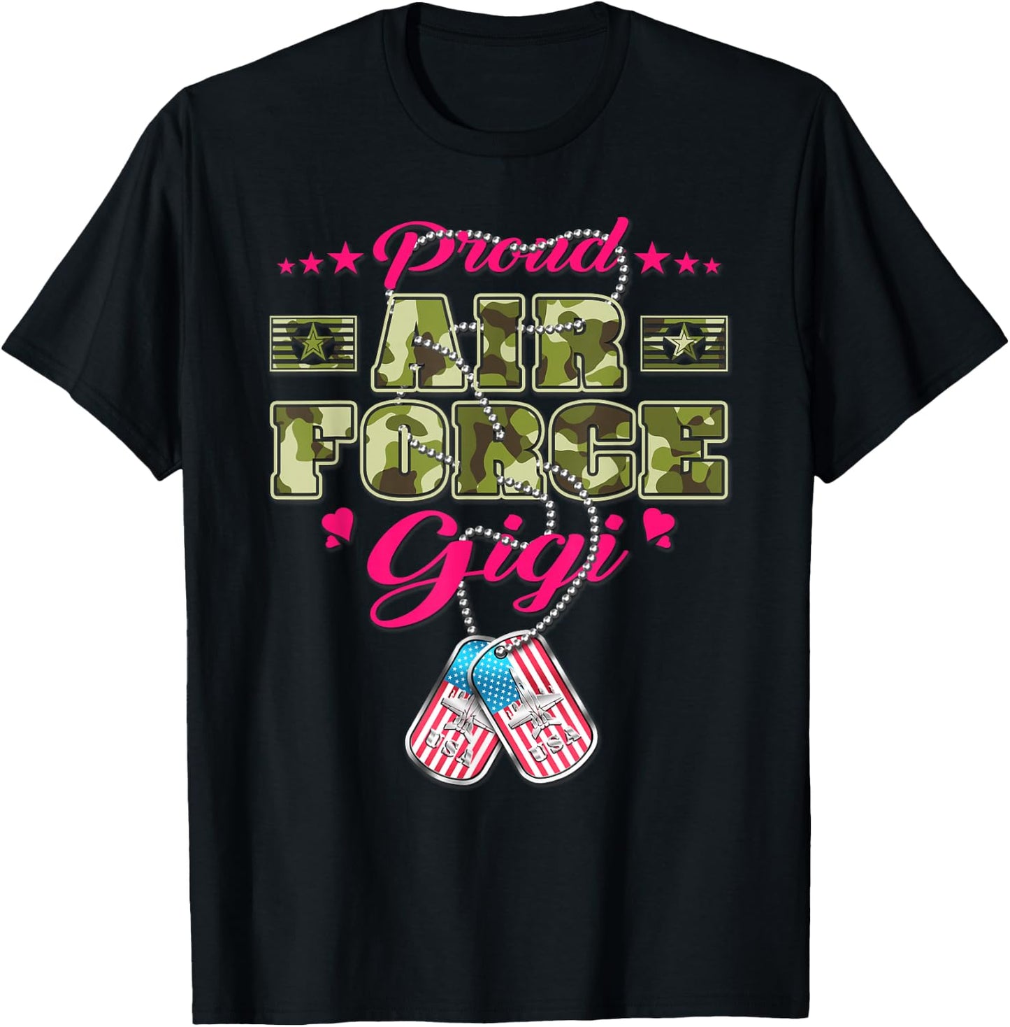 Proud Air Force Gigi - Camo US Flag Dog Tag Military Grandma Women T-Shirt - T-Shirt | Black