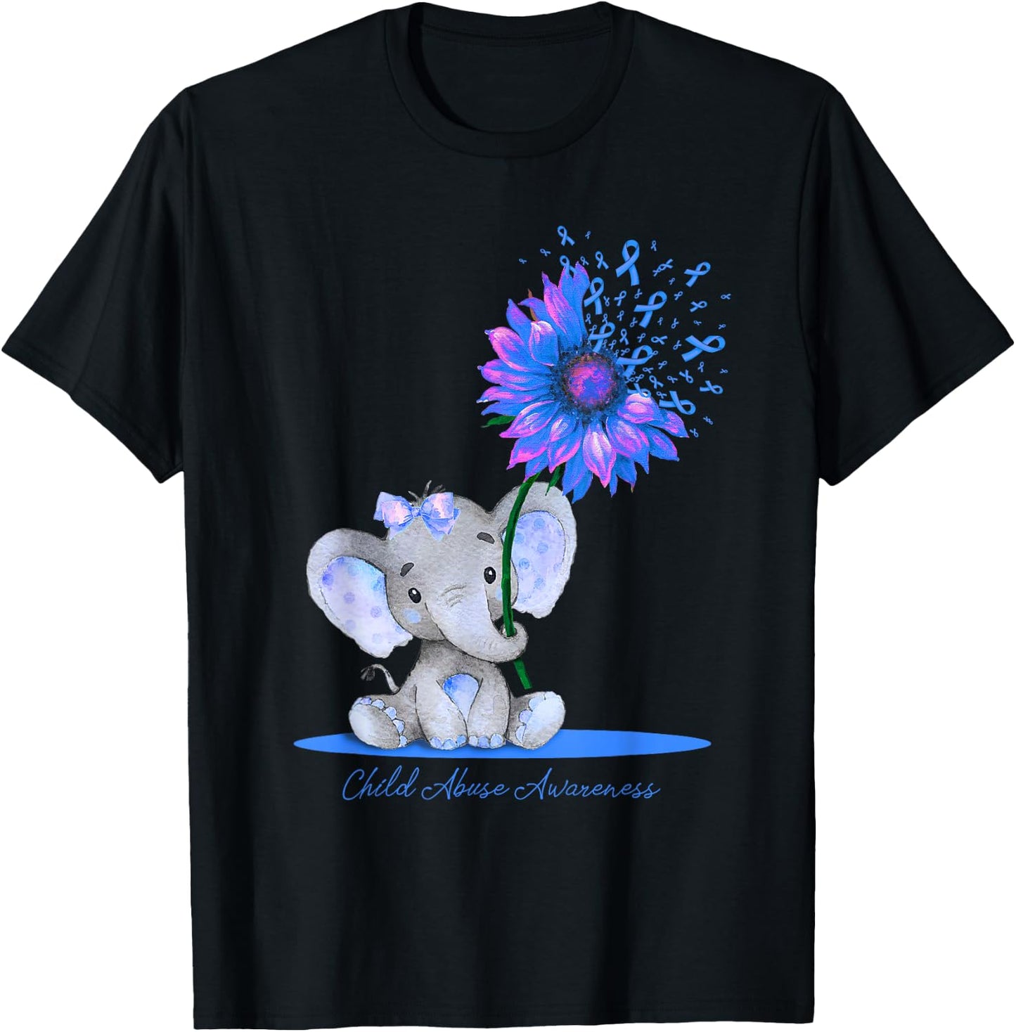 CHILD ABUSE AWARENESS Cute Elephant Sunflower Light Blue T-Shirt - T-Shirt | Black