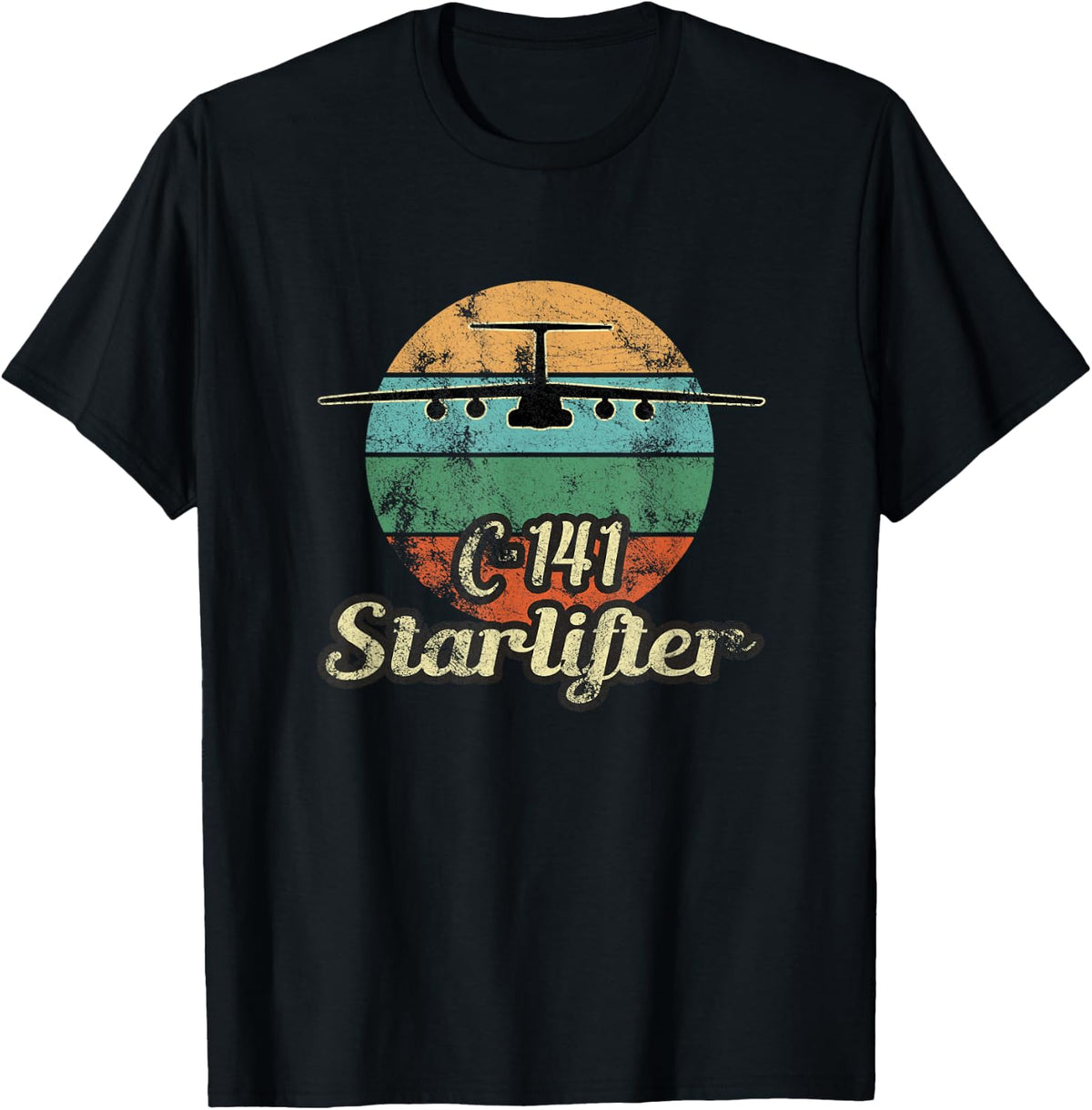 C-141 Starlifter Retro Sunset Airlift Cargo Airplane T-Shirt - T-Shirt | Black