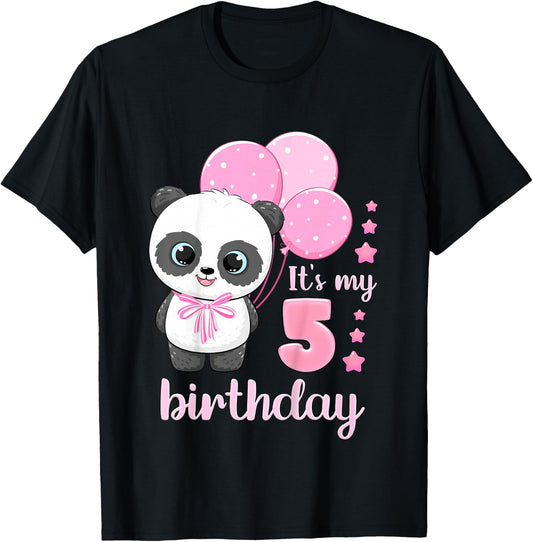 Birthday Girl 5th Panda Pink Balloons T-Shirt - T-Shirt | Black