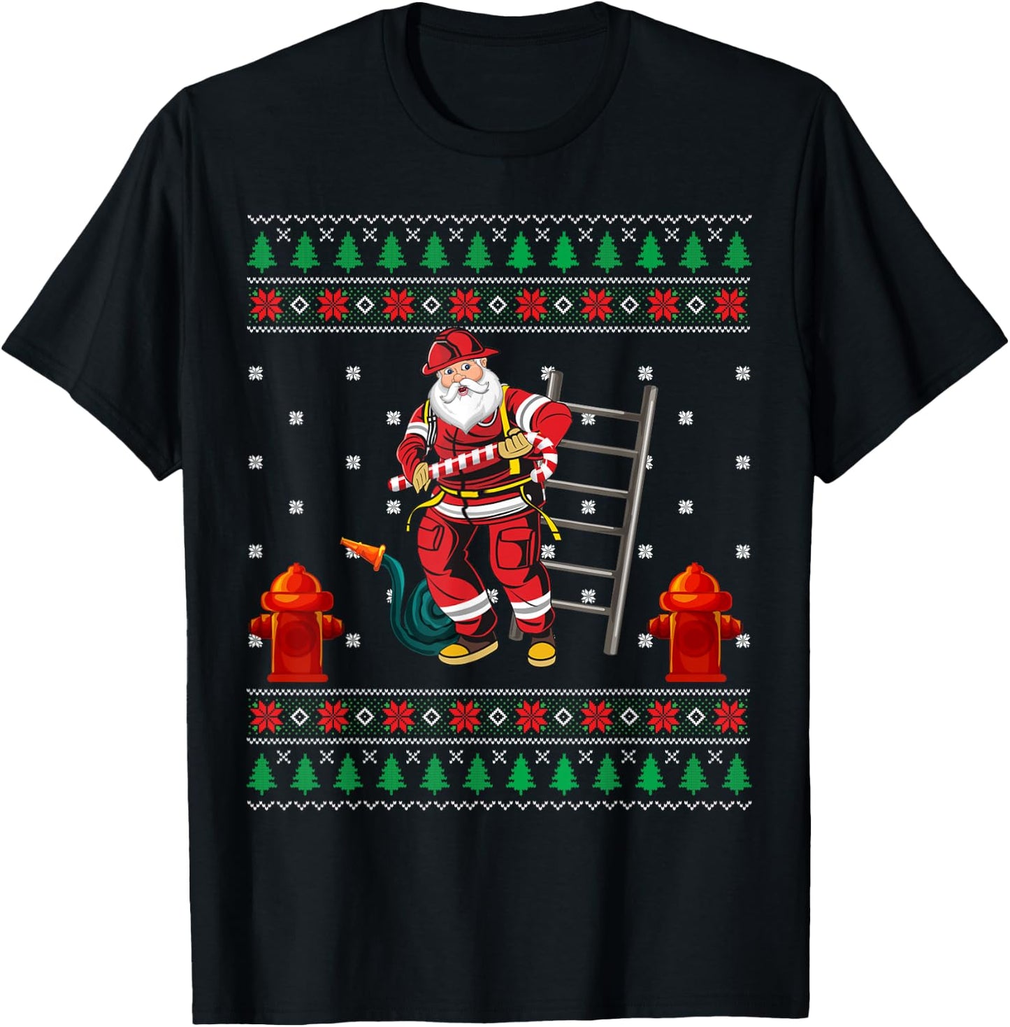 Funny Firefighter Fireman Ugly Christmas Santa Claus Pajama T-Shirt - T-Shirt | Black