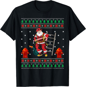 Funny Firefighter Fireman Ugly Christmas Santa Claus Pajama T-Shirt - T-Shirt | Black