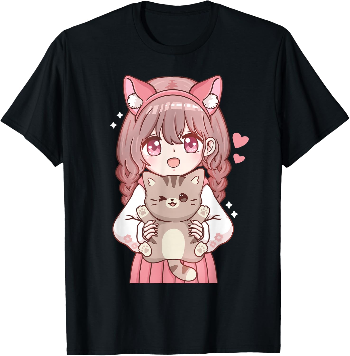 Anime Girl with Cat Kawaii Cat Lover Otaku Small T-Shirt - T-Shirt | Black