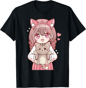 Anime Girl with Cat Kawaii Cat Lover Otaku Small T-Shirt - T-Shirt | Black
