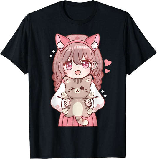 Anime Girl with Cat Kawaii Cat Lover Otaku Small T-Shirt - T-Shirt | Black