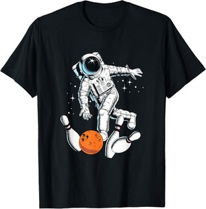 Cool Space Astronaut Playing Bowling Graphic Designs Fun T-Shirt - T-Shirt | Black
