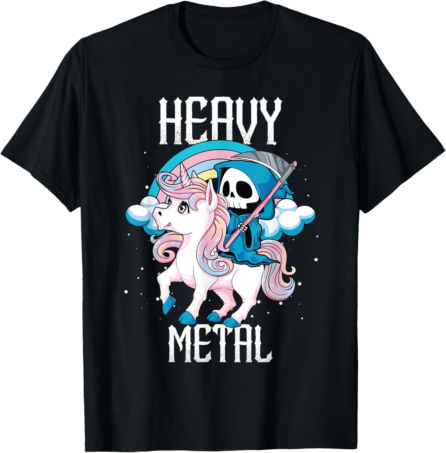 Kawaii Pastel Heavy Metal Rock Rainbow Grim Reaper Unicorn T-Shirt - T-Shirt | Black