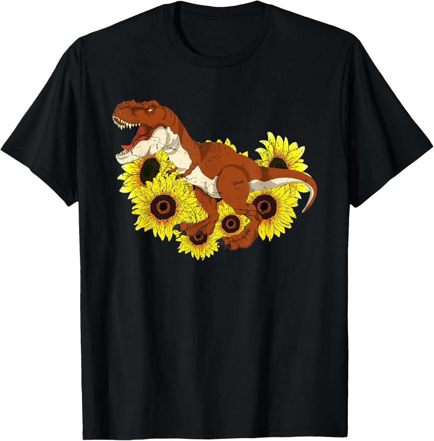 Floral Sunshine Yellow Flowers T-Rex Sunflowers Dinosaur T-Shirt - T-Shirt | Black