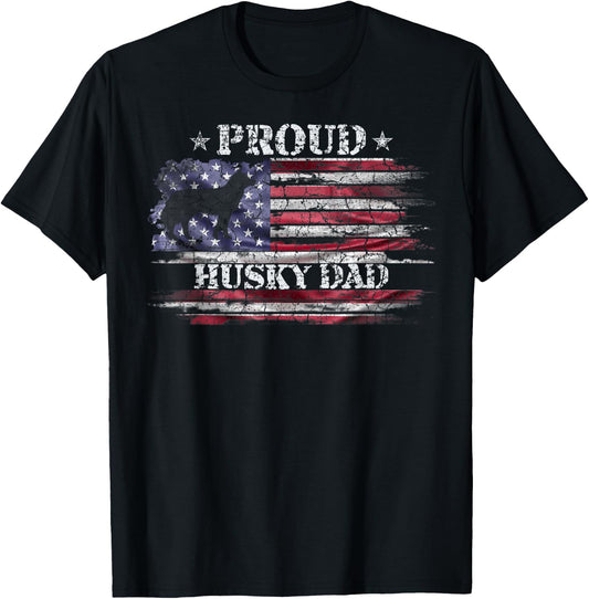 Vintage American Flag Proud Siberian Husky Dad Silhouette Women Kids Men T-Shirt - T-Shirt | Black