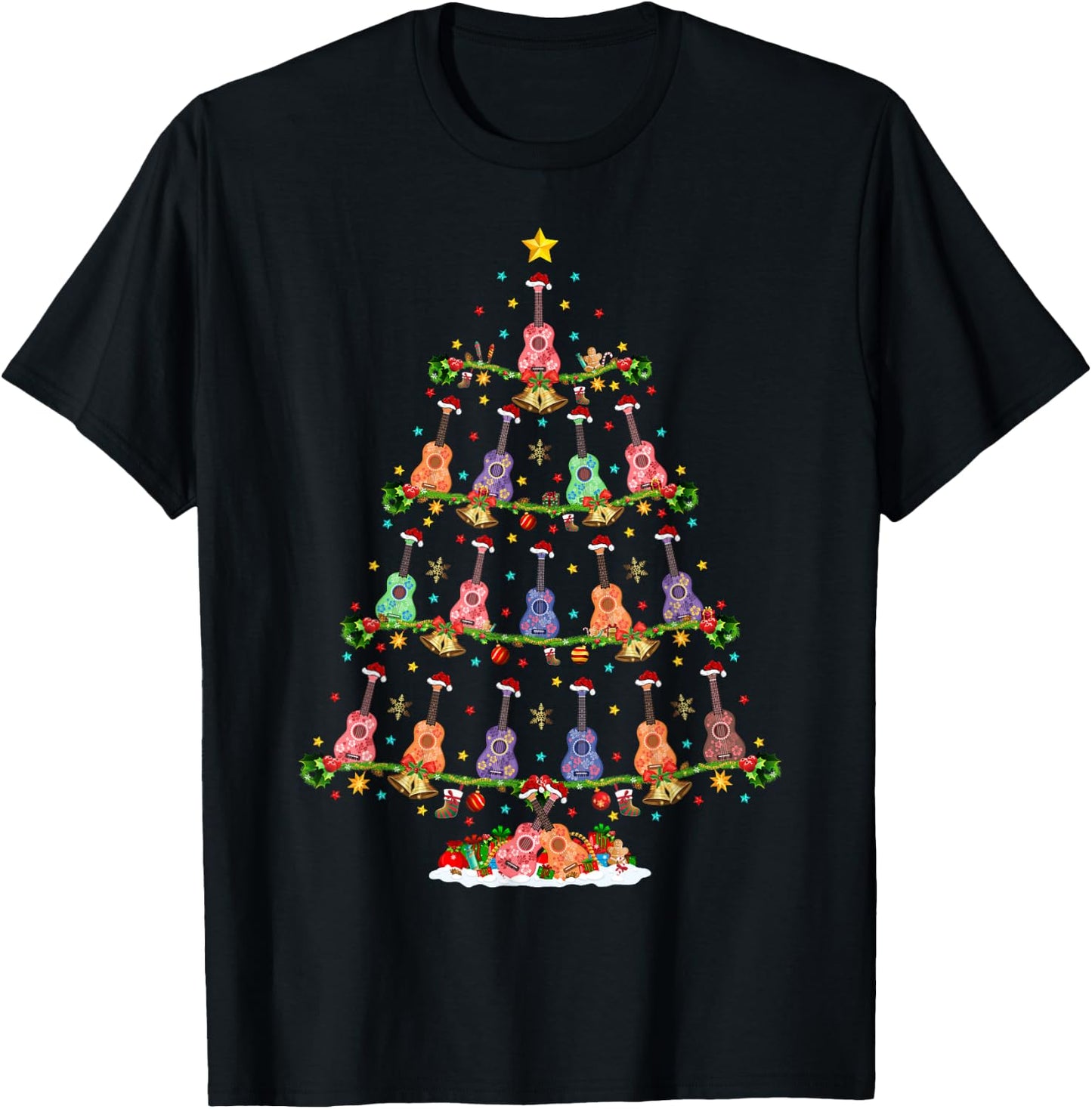 Ukulele Guitar Xmas Lighting Santa Ukulele Christmas Tree T-Shirt - T-Shirt | Black