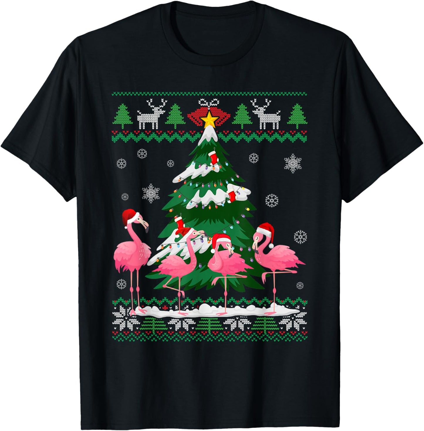 Flamingo Ugly Christmas Sweater Shirt Light Pink Xmas Pajama T-Shirt - T-Shirt | Black