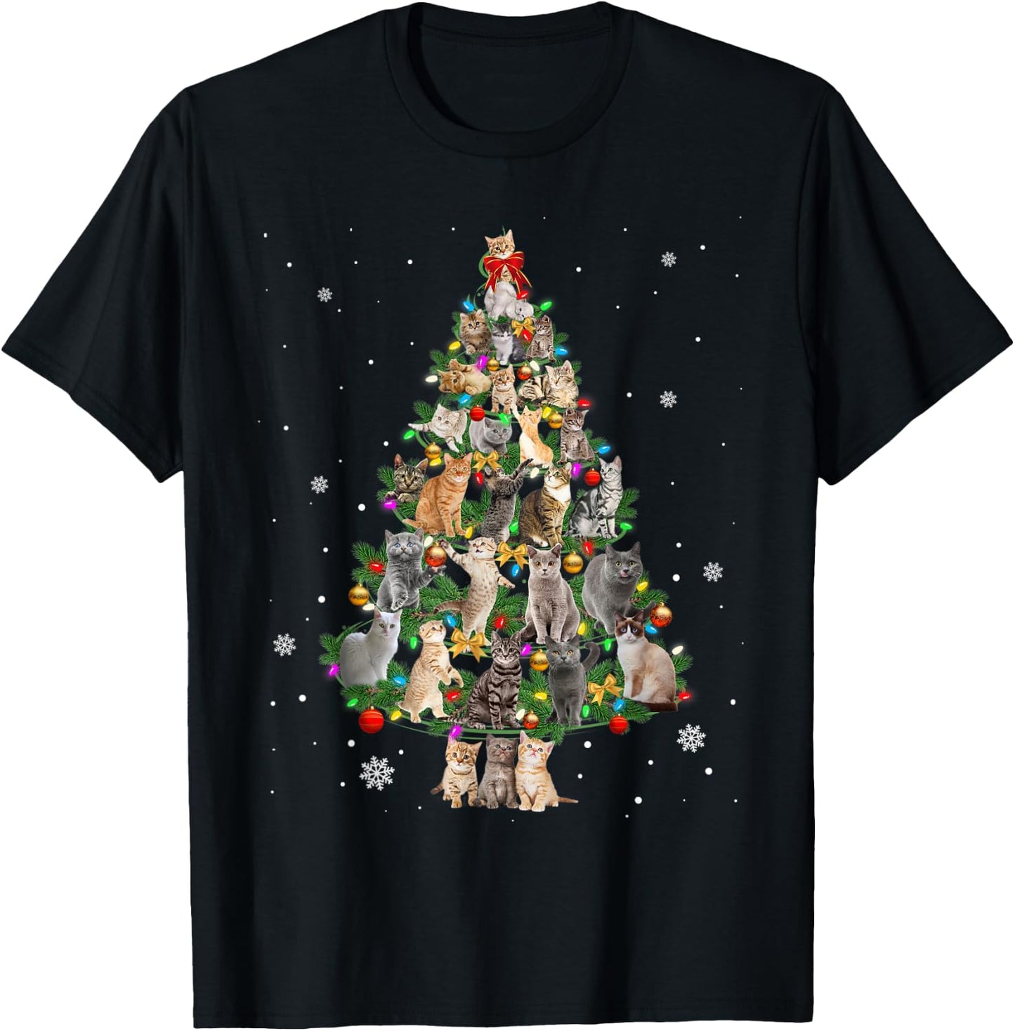 Meowy Xmas Cats Christmas Tree Lights Snow Kitten Funny Gift T-Shirt - T-Shirt | Black